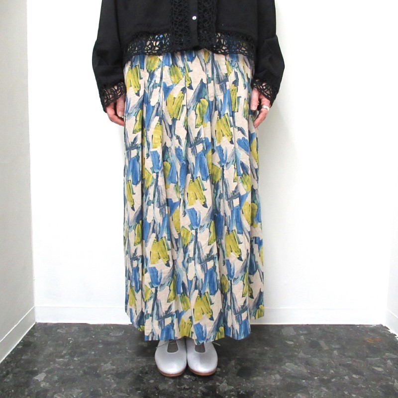 ina リネンコットン花モチーフタックスカート /BL70 【日本製】